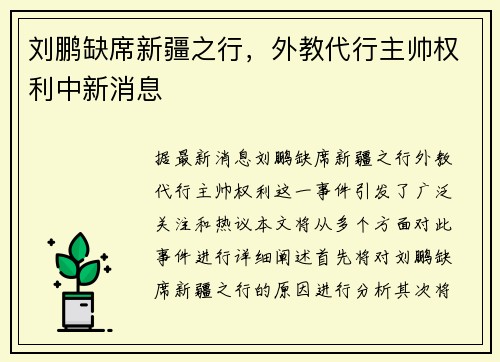 刘鹏缺席新疆之行，外教代行主帅权利中新消息